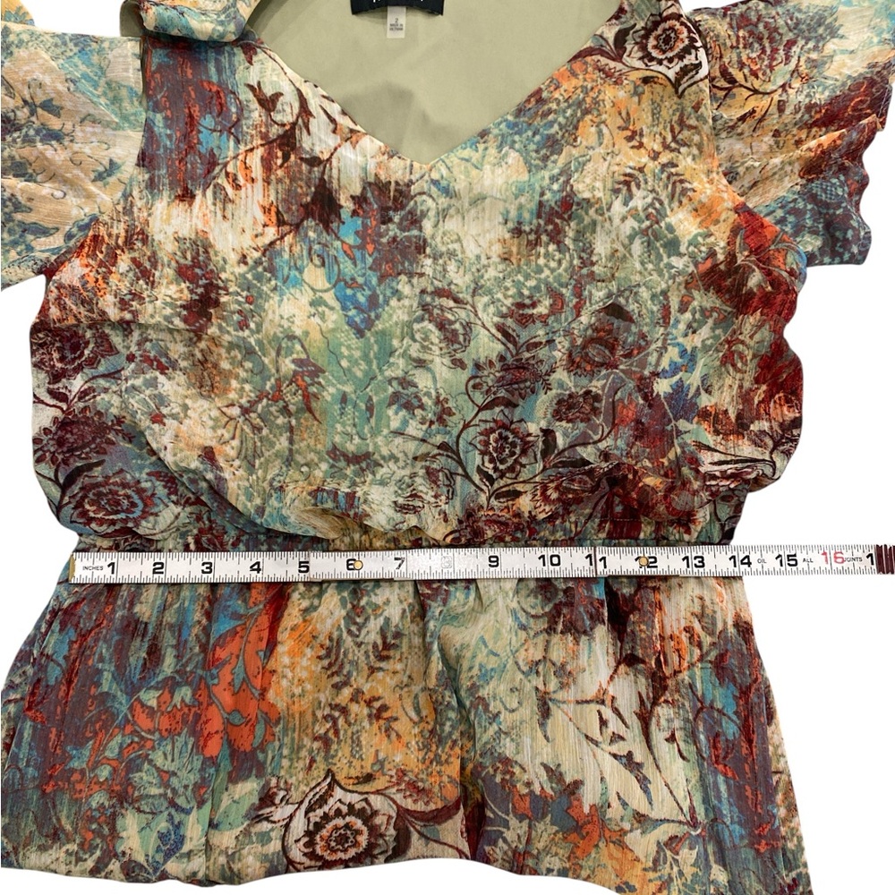 Nine West Cold Shoulder Maxi Dress | Abstract Floral Watercolor Print | Size 2 - Picture 10 of 12